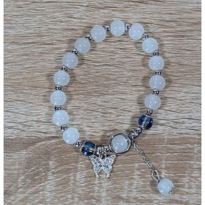 White Beaded Stretch Bracelet Silver Butterfly Charm Glass Beads
